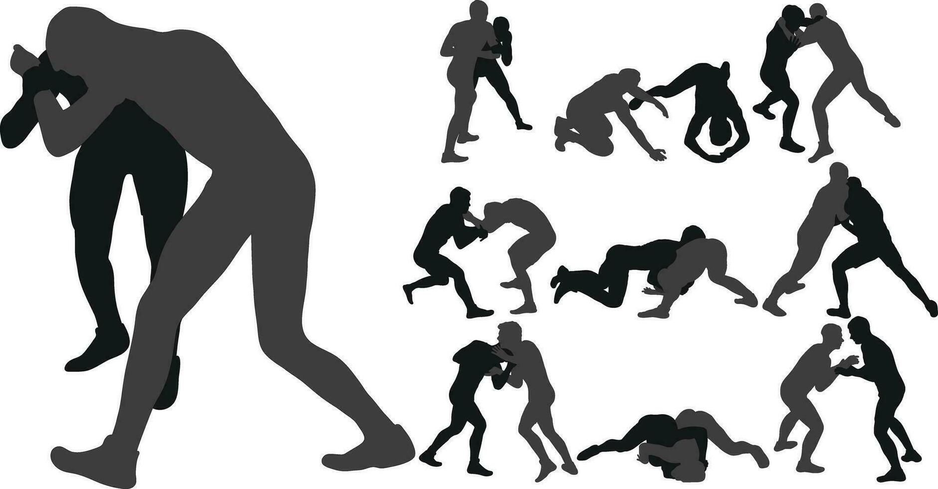 Set of silhouettes athletes wrestler in wrestling, fighting. Greco Roman wrestling, fight, combating, struggle, grappling, duel, mixed martial art, sportsmanship vector