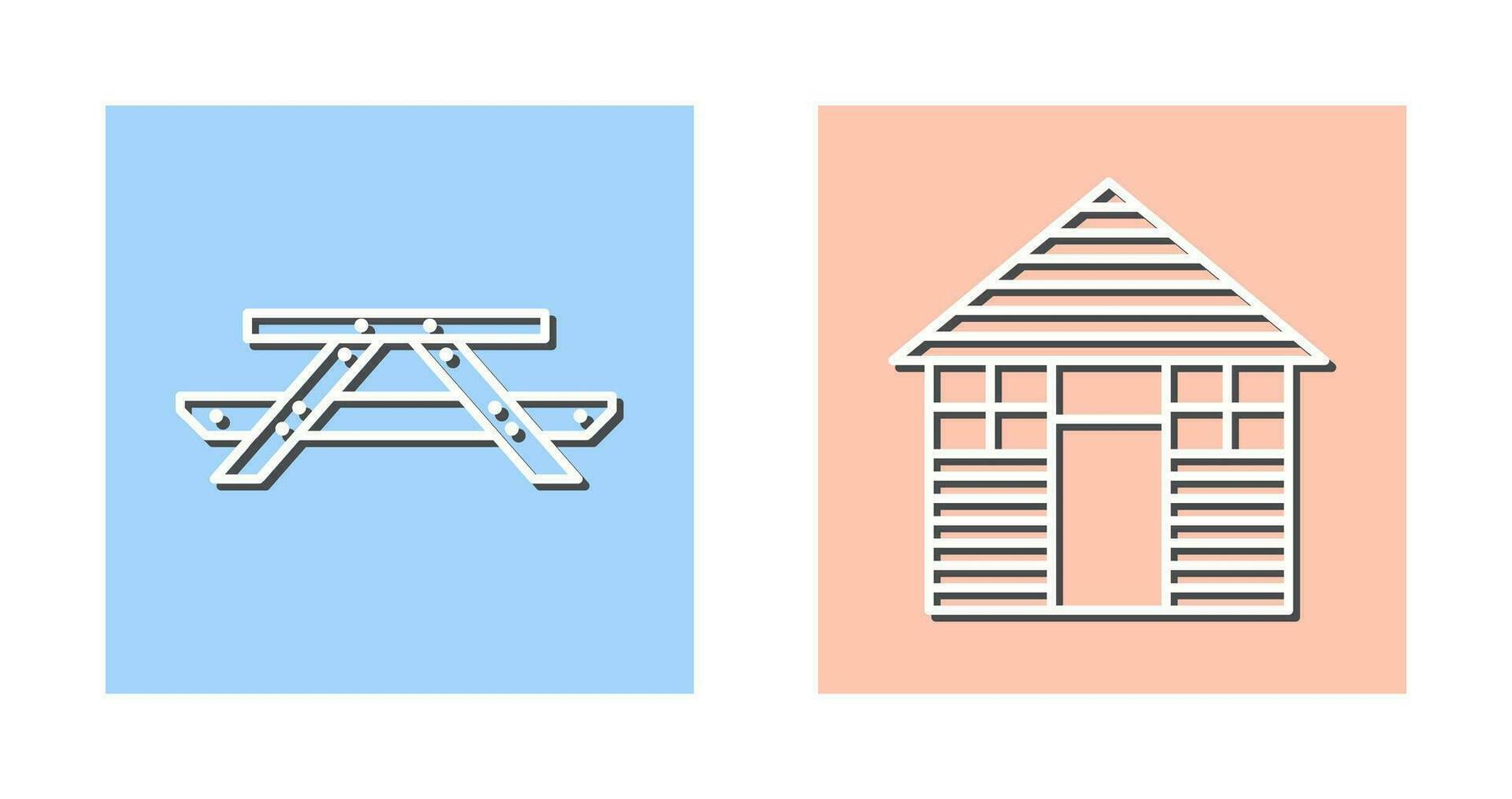 Picnic of Table and Wood Cabin Icon vector