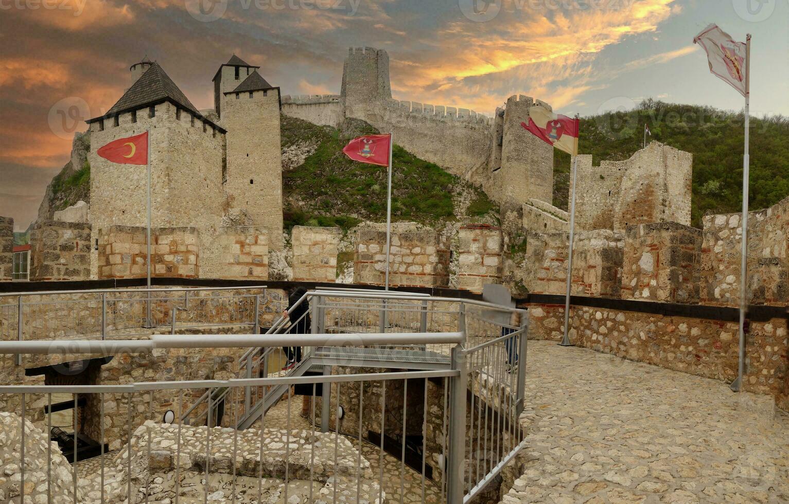 Massive walls and towers on the Danube River, Golubac Fortress, photo