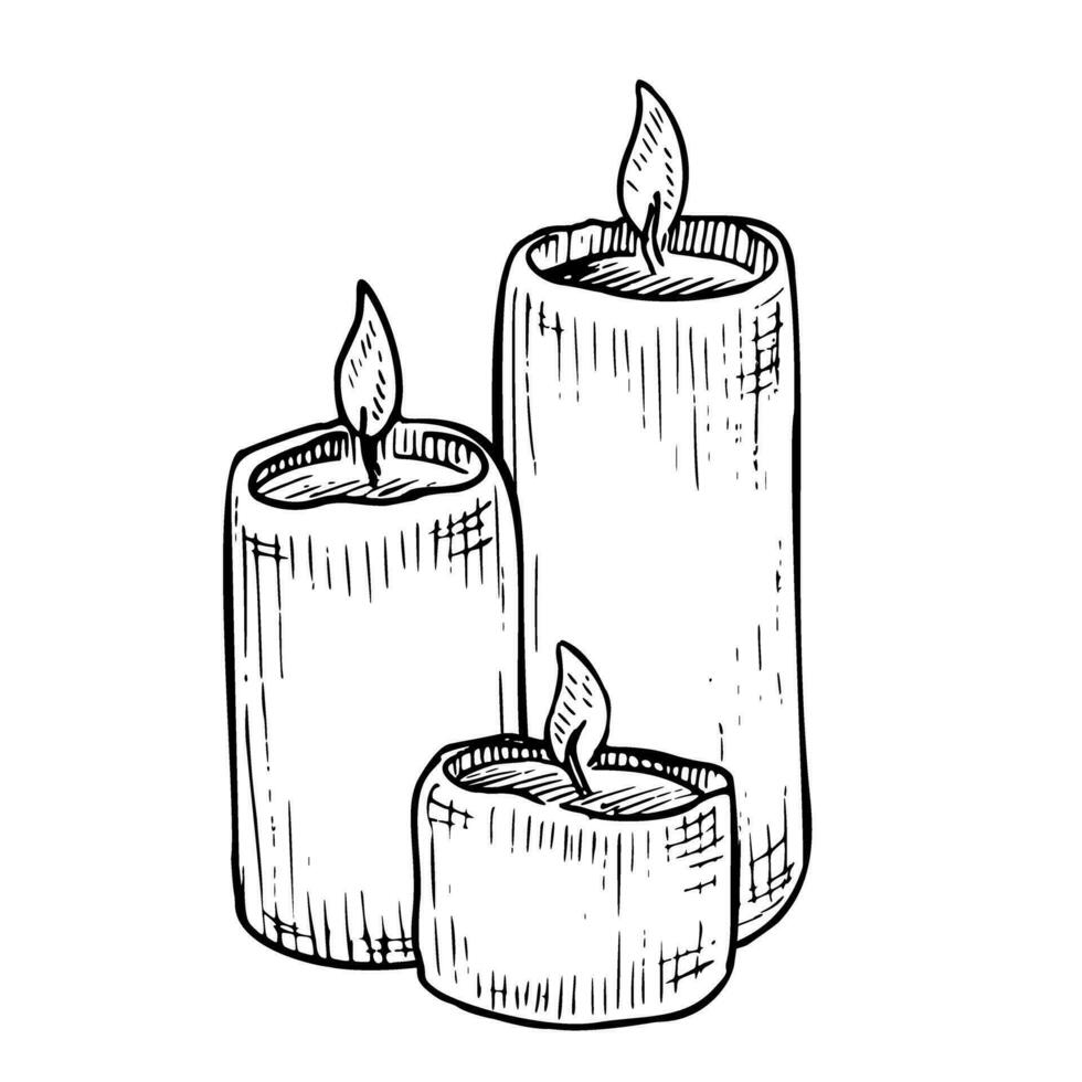 Vector Candles on isolated background. Hand drawn vector of wax Candlelight for Xmas greeting cards or party invitation. Linear home decor. Cozy object for aromatherapy in black and white colors.