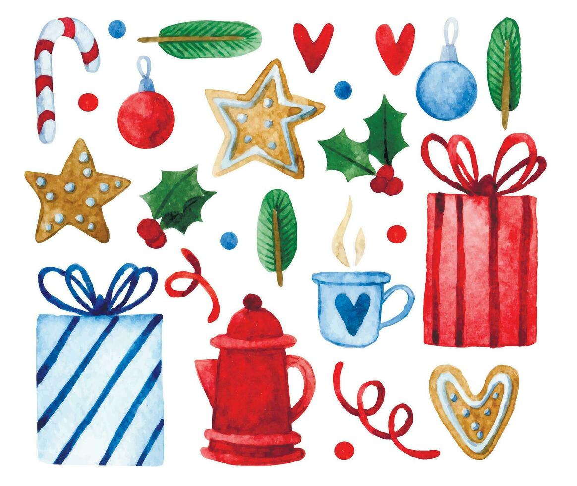 acuarela dibujo, conjunto de Navidad elementos. regalos, pan de jengibre galletas, caliente chocolate, caramelo y abeto ramas vector