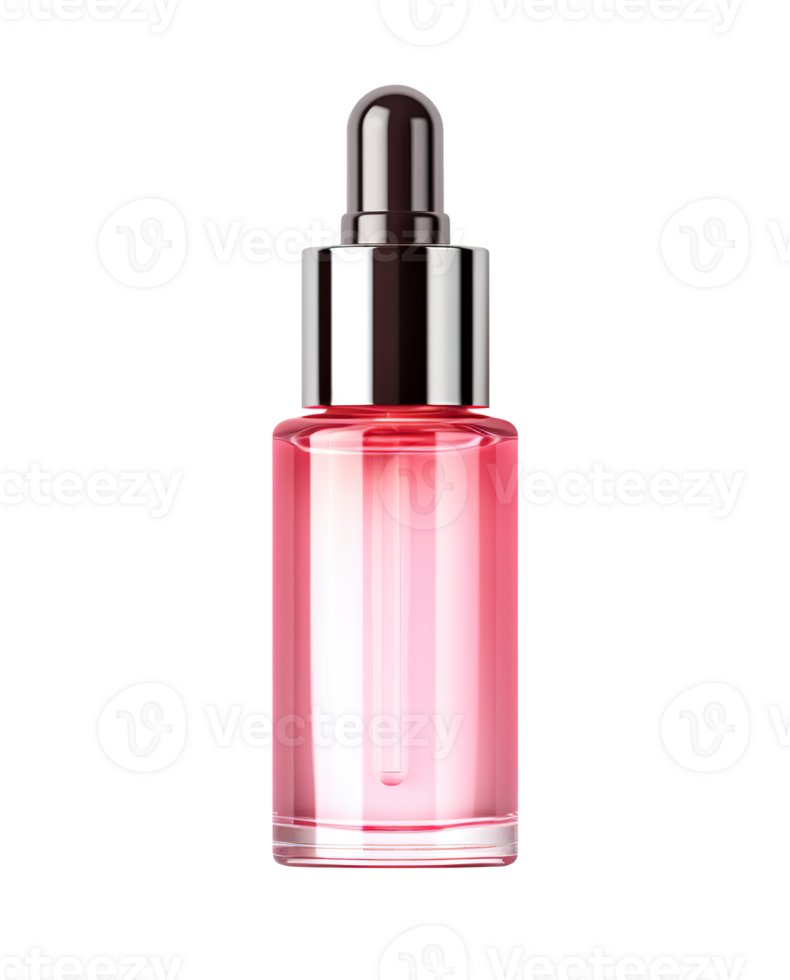 Blank, unbranded cosmetic serum bottle on transparent background. Skin care product, cut out. Pink glass dropper mockup. Skincare, beauty. Front view, ready for your label design. Generative AI. png