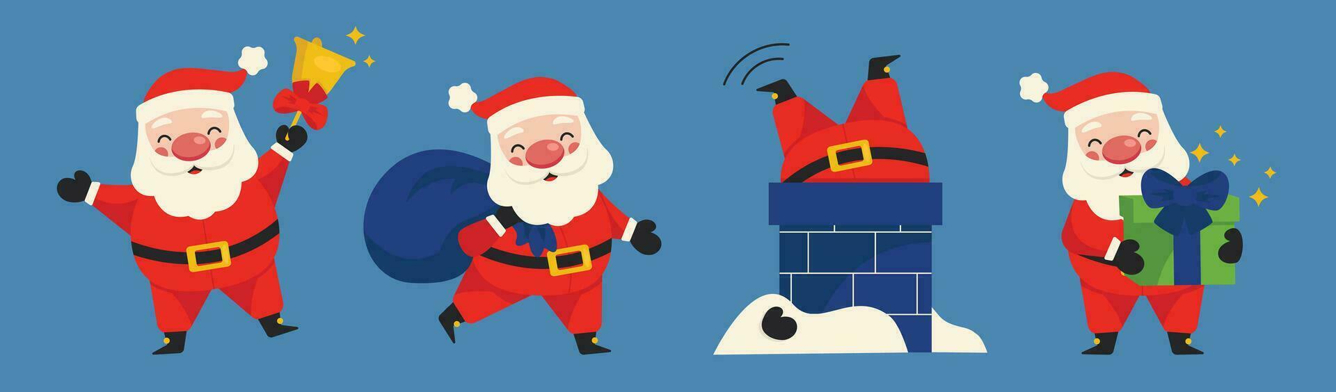 Set of illustrations with funny Santa Claus. Santa is ringing the bell, standing in the chimney, carrying a bag of gifts and holding a gift box. Vector graphic.