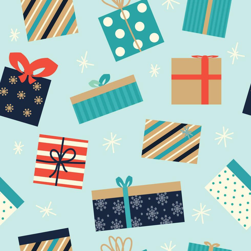 Cute hand-drawn gift boxes for the winter holidays. Seamless pattern for a gift on fabric or paper for Christmas and New Year.Hand drawn colorful pattern with gifts and bows. Trendy pattern. vector