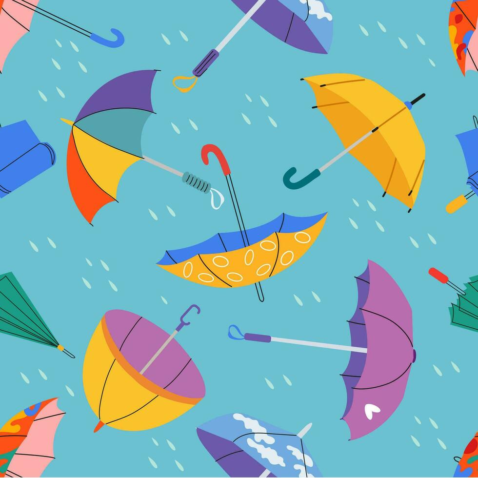 Seamless pattern with colorful umbrellas in different positions. Open and folded umbrellas. Hand drawn colored Vector illustration. Cartoon style. Colorful background, wallpaper
