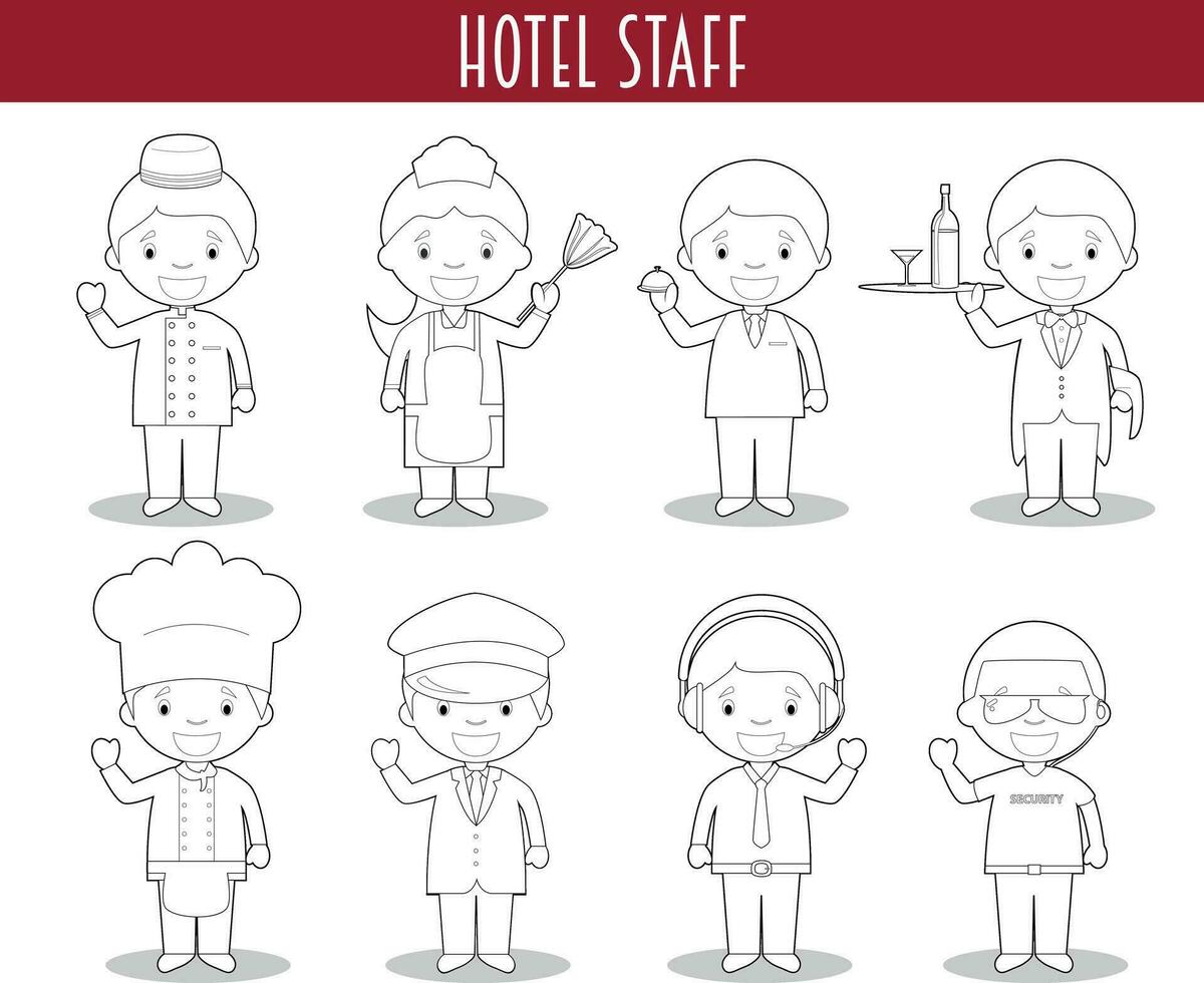 vector conjunto de hotel personal profesiones para colorante en dibujos animados estilo.