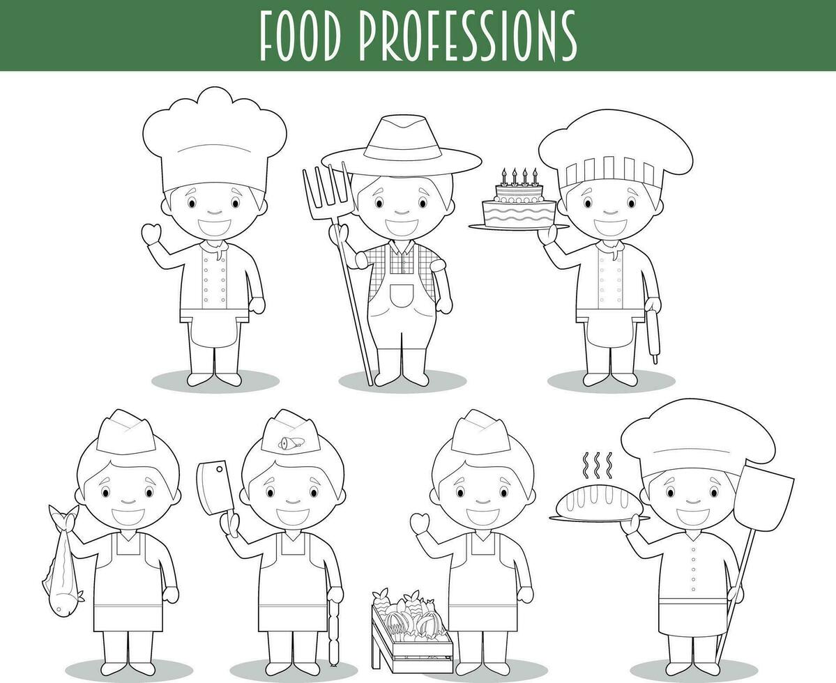 vector conjunto de comida industria profesiones para colorante en dibujos animados estilo.