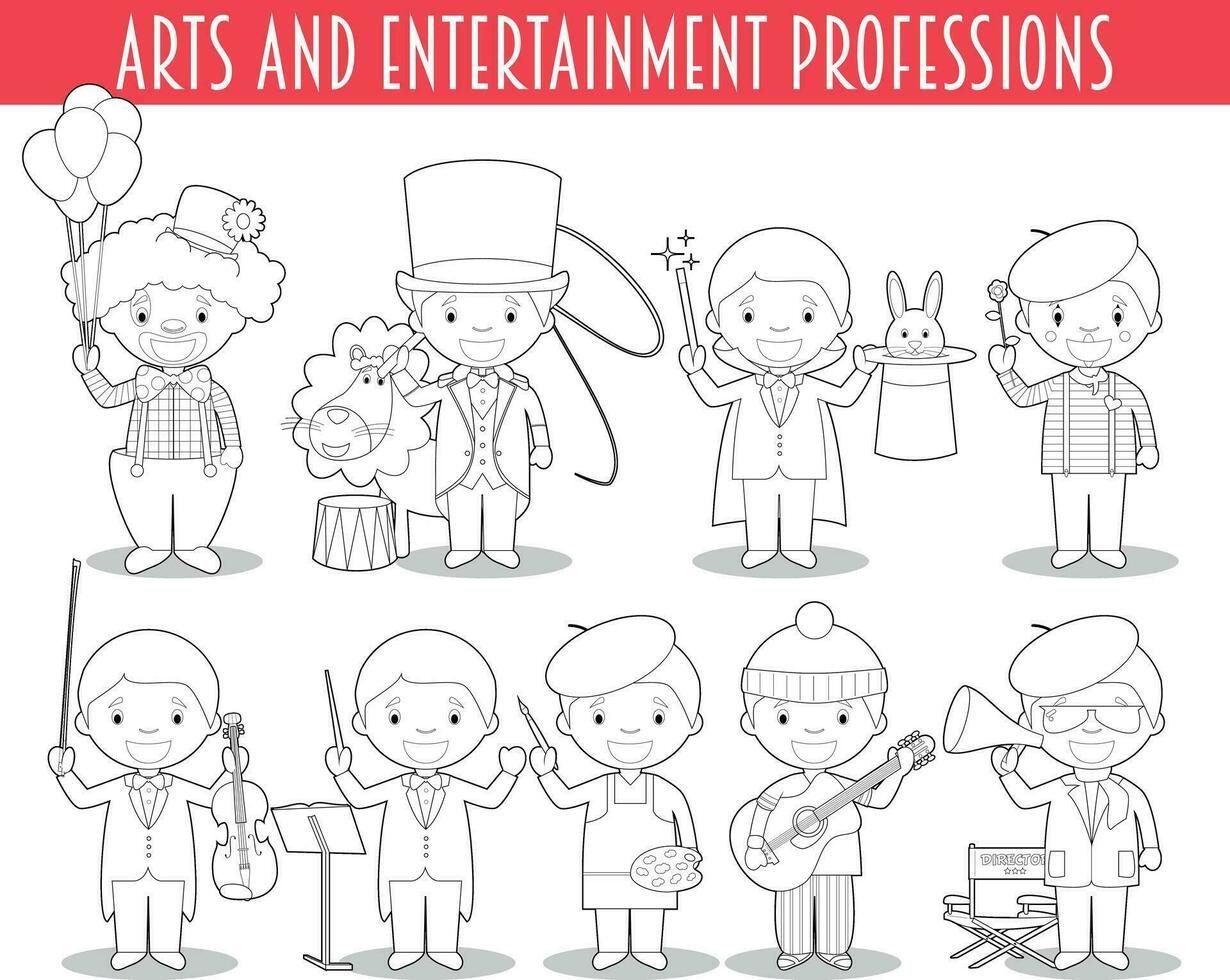 vector conjunto de letras y entretenimiento profesiones para colorante en dibujos animados estilo.
