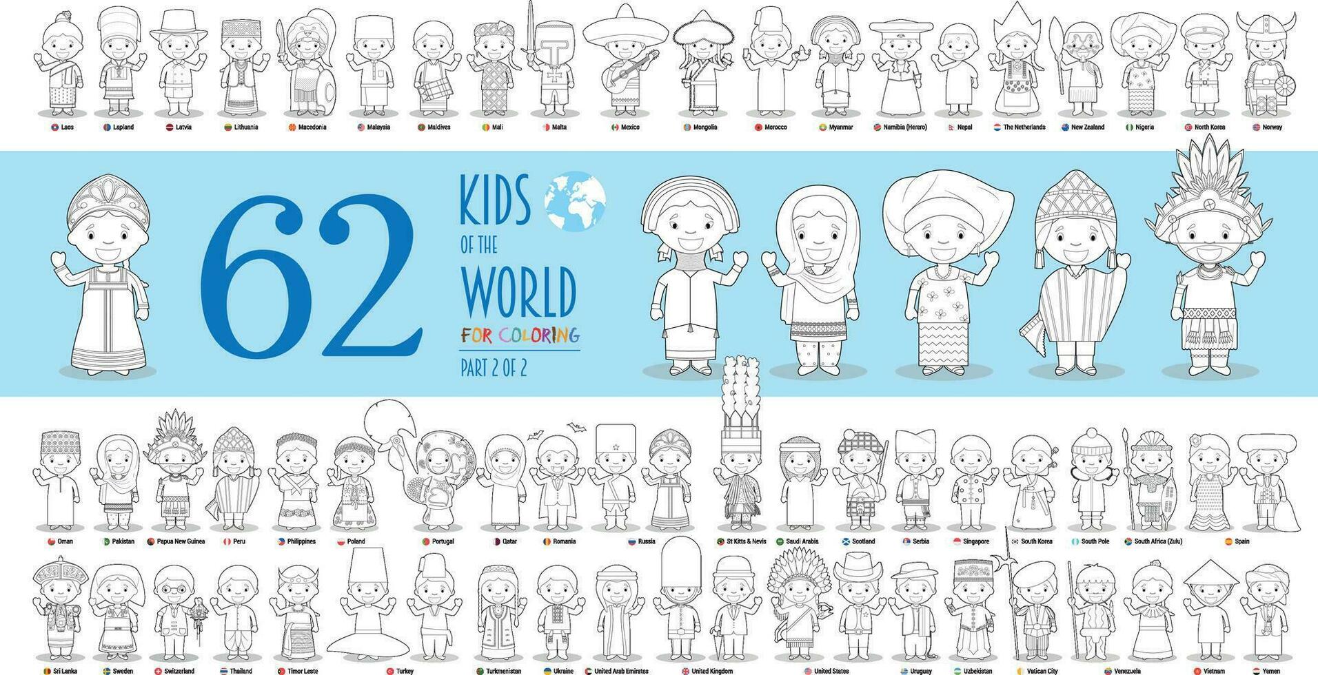 Kids of the World Vector Characters Collection Part 2. Set of 62 children of different nationalities for coloring in cartoon style.