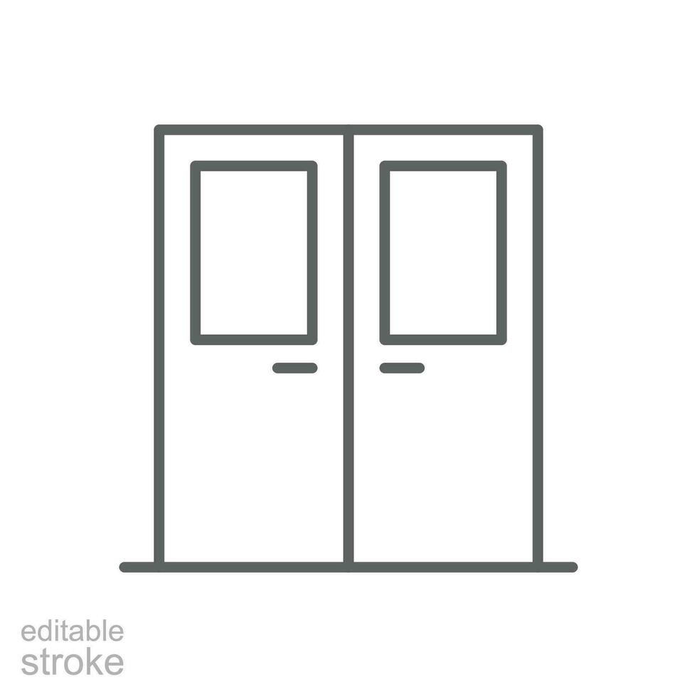 Double door with glass window icon. Simple outline style. Entrance door, hospital, frame, doorway, house, home interior concept. Thin line symbol. Vector illustration isolated. Editable stroke.