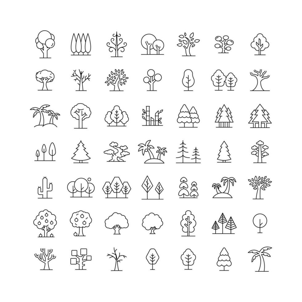 Tree icon set. Simple outline style. Forest, park and garden trees, nature concept. Thin line symbol. Vector illustration isolated.