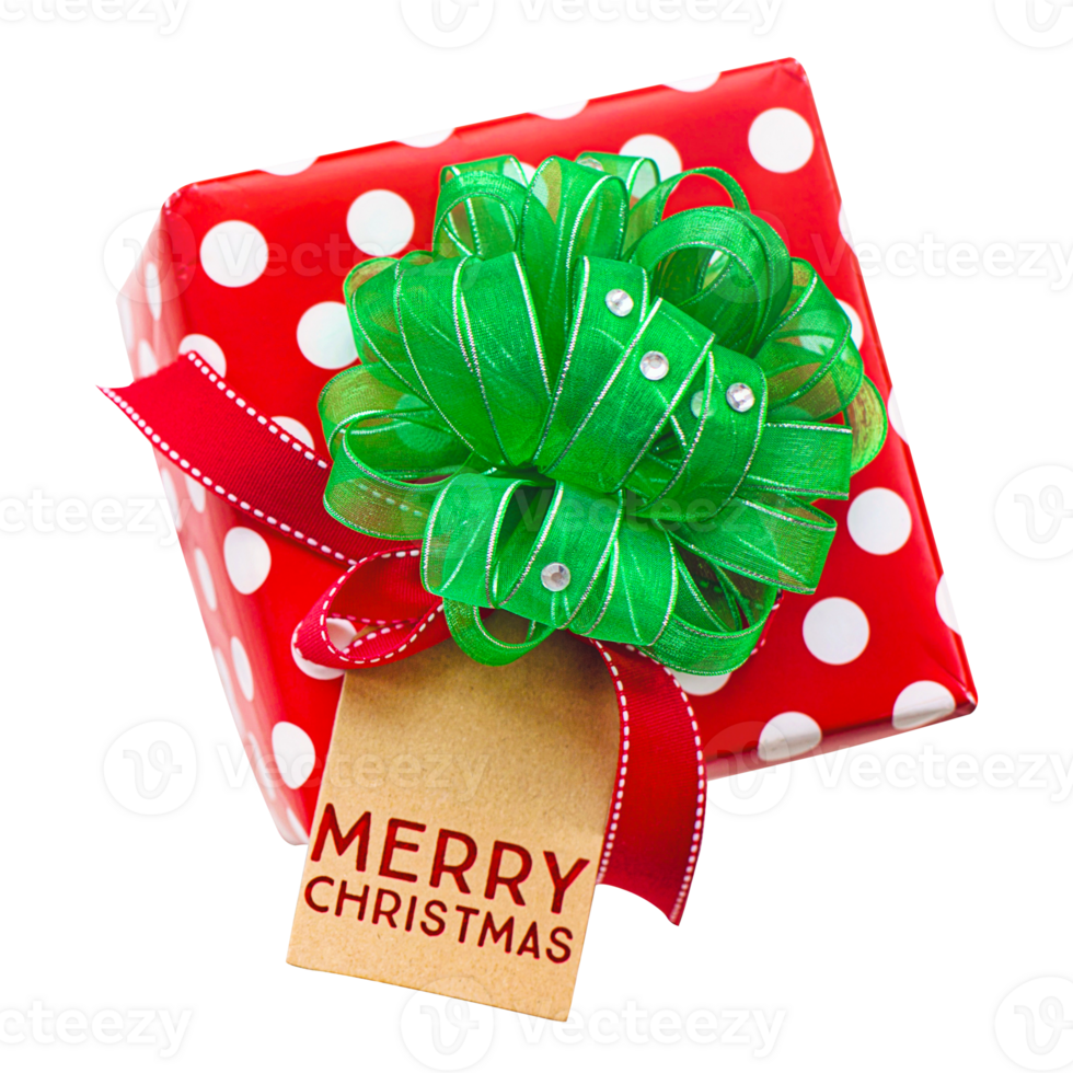 Gift boxes tied with green ribbons and red paper decorations on a transparent background. Merry Christmas typography png