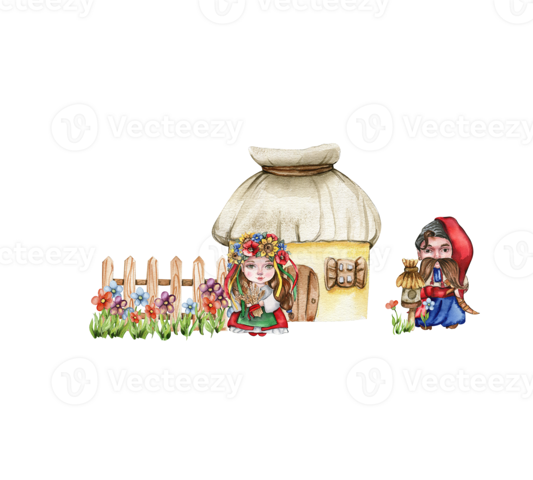 Composition of girl and boy gnome in national ukrainian costume ,country houses and flowers. png