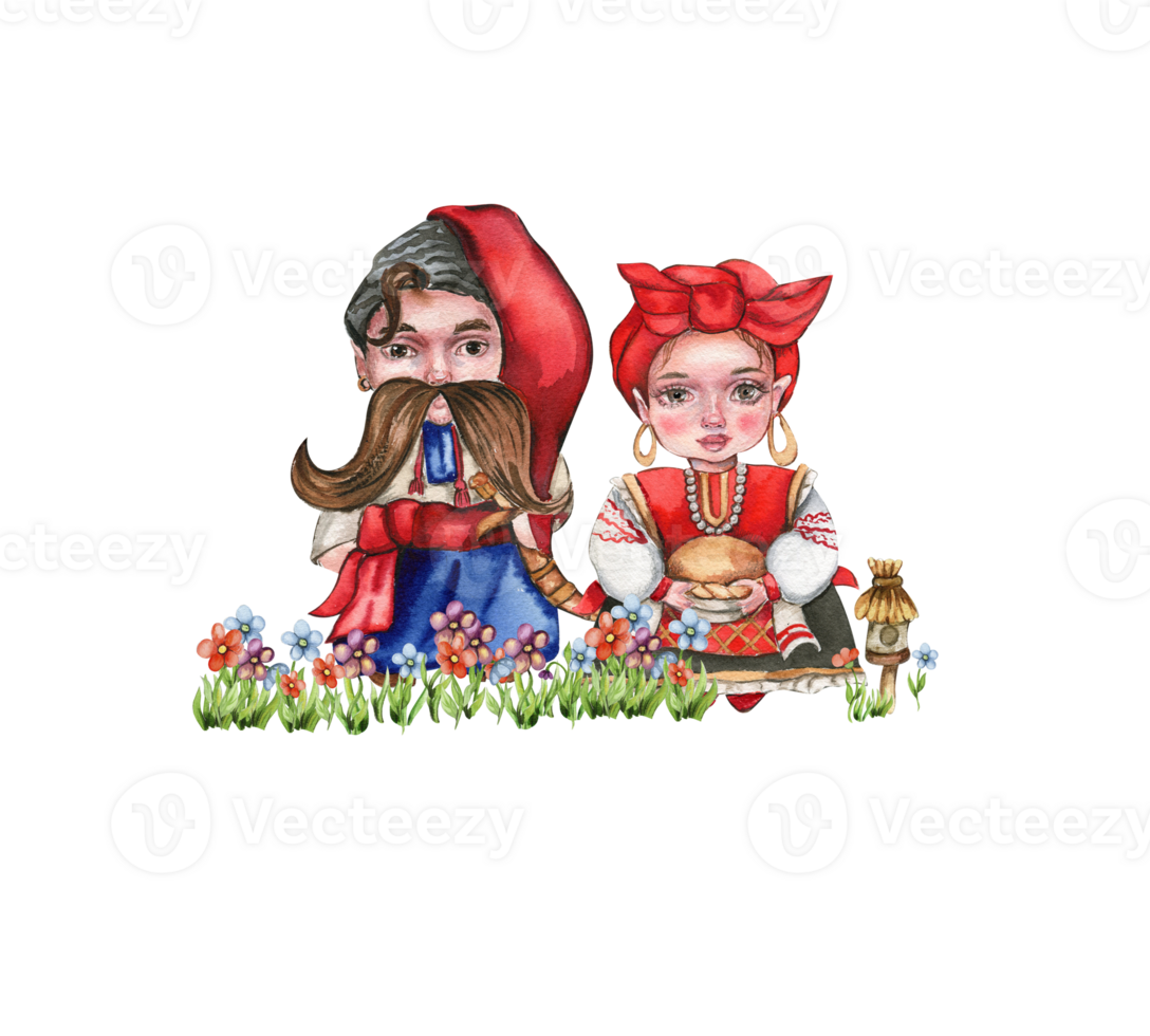 Composition of girl and boy gnome in national ukrainian costume standing in flowers. png