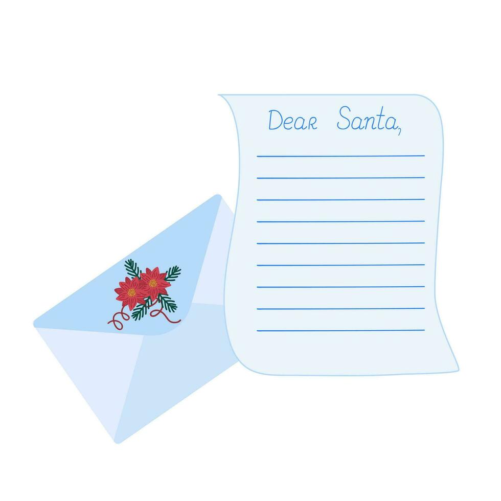 Letter to Santa Claus blank template to fill in, decorated envelope with winter arrangement hand drawn vector illustration, simple doodle Christmas holiday decor for poster, greeting card, invitation