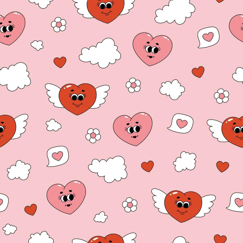 Seamless pattern of groovy hearts, flowers and clouds. Cartoon characters and elements in trendy retro style on pink background. Vector illustration