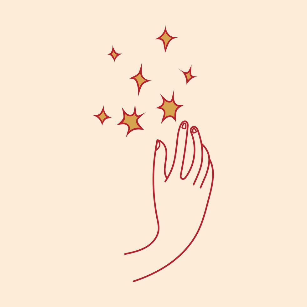 female hand logo in minimalist style hand gesture vector logo design template with stars For cosmetics, beauty, tattoos, spas, manicures.