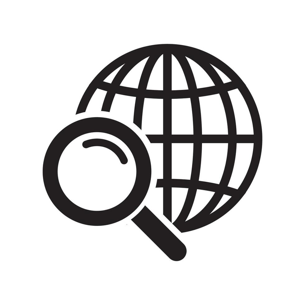 Magnifier and globe icon, search for a place on a map or on the globe icon. The icon of the magnifying glass and planet Earth. vector