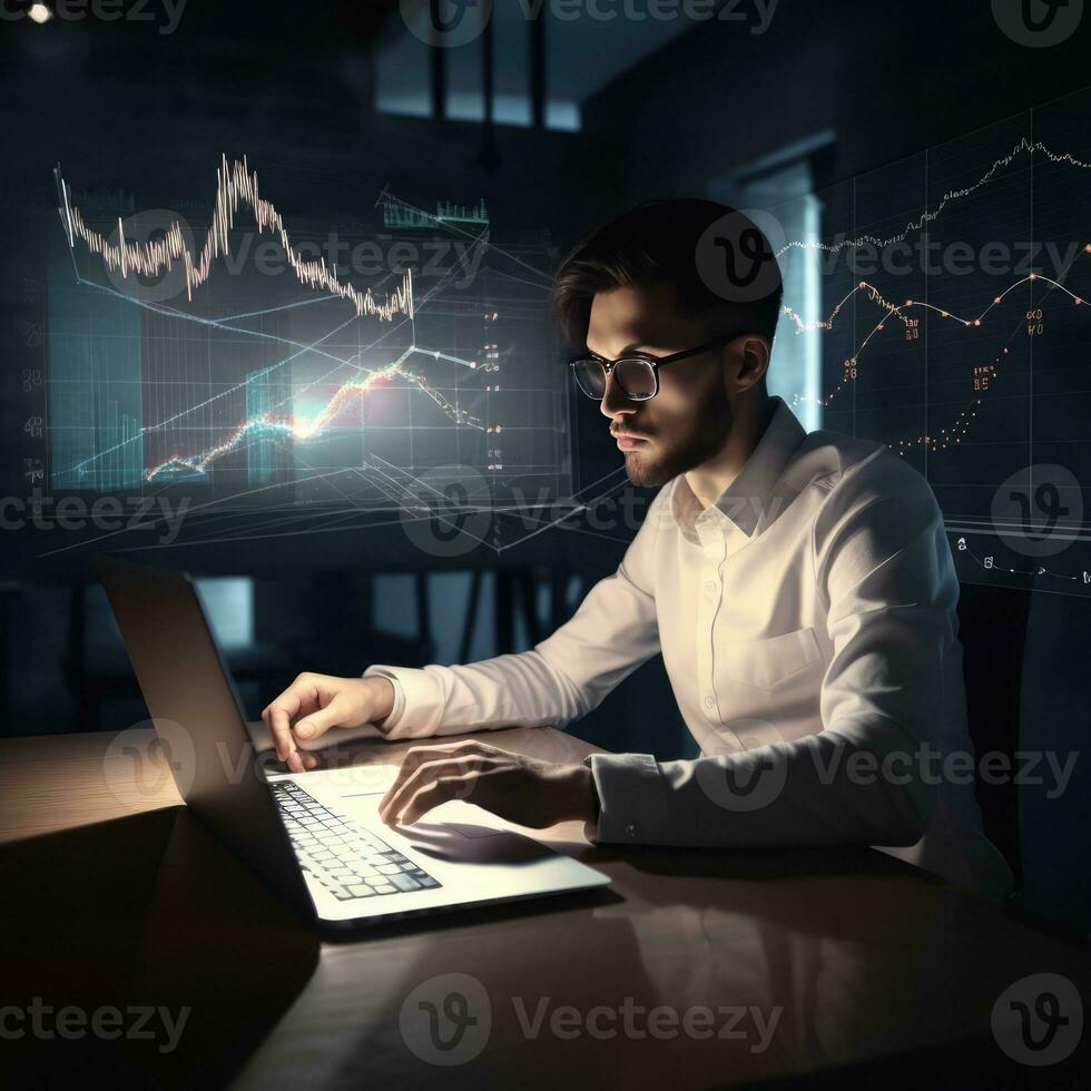 Businessman works with financial data. AI Generative. interface above computer. Interactive financial diagrams and digital data visualization concept. Global e-business network communication photo