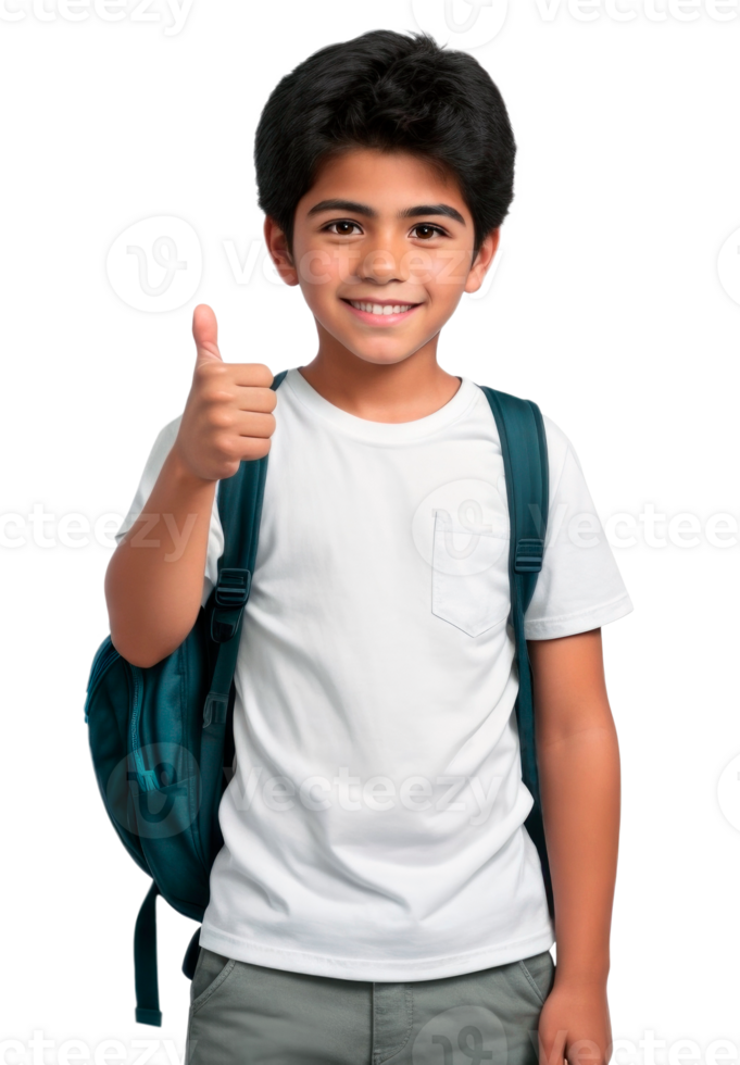 Smiling latino american boy with college backpack with thumb up gesture isolated on transparent background. AI generative png