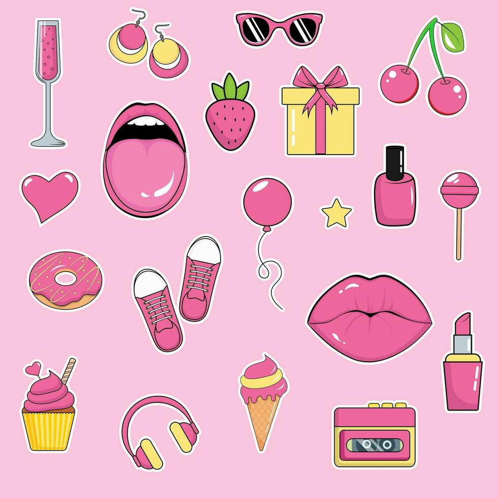 Pop art vintage comic style stickers in trendy pink color vector