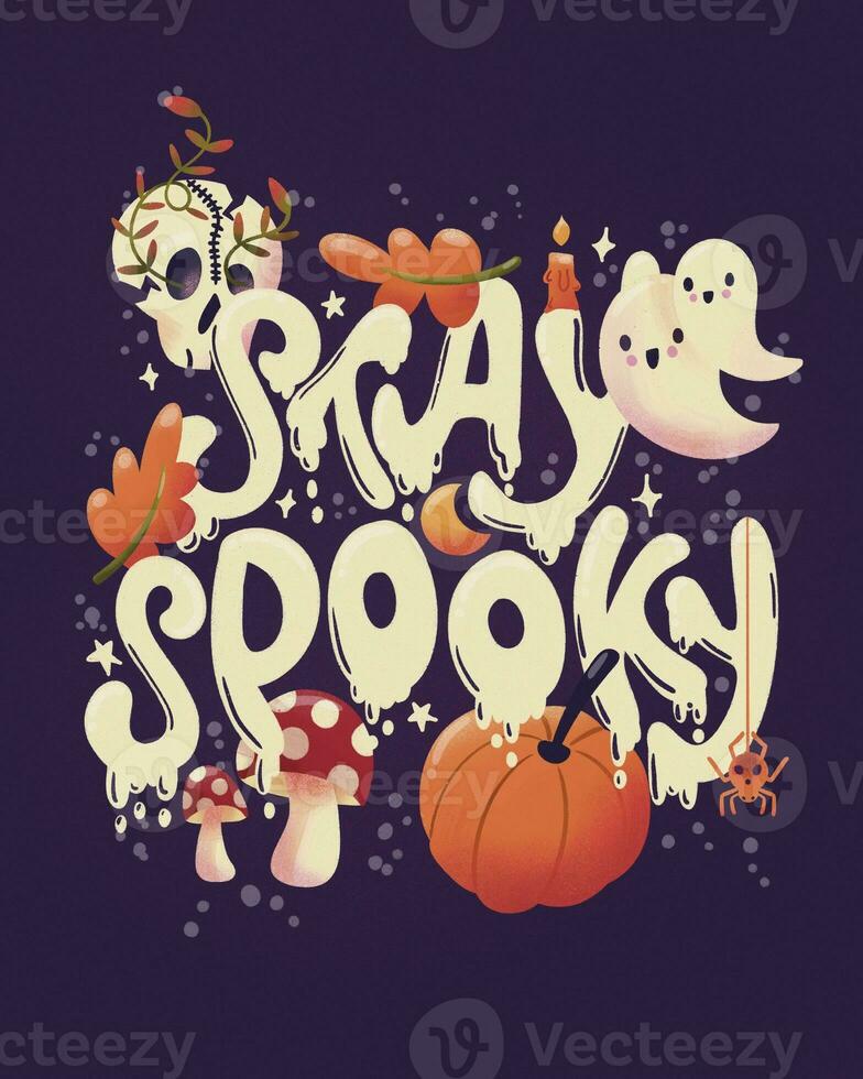 Happy Halloween illustration with hand lettering message and cute ghosts, dark. Stay spooky photo