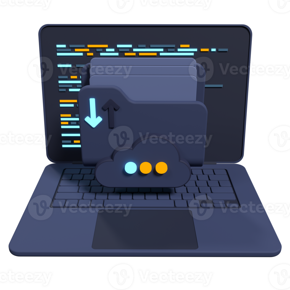 3d file folder on laptop screen. Laptop and files. Document folder. Storage share data. 3d rendering illustration png