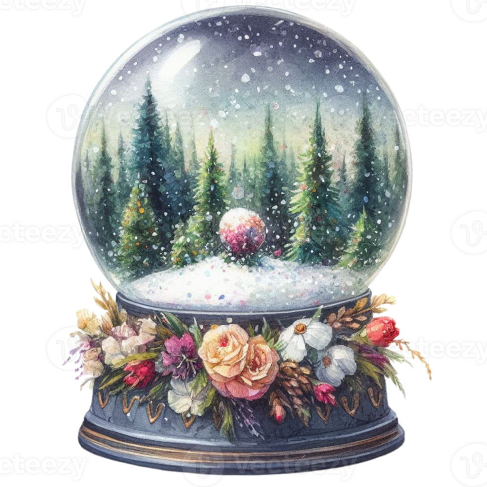 AI Generative, Snow globe with Christmas trees and snowflakes. png