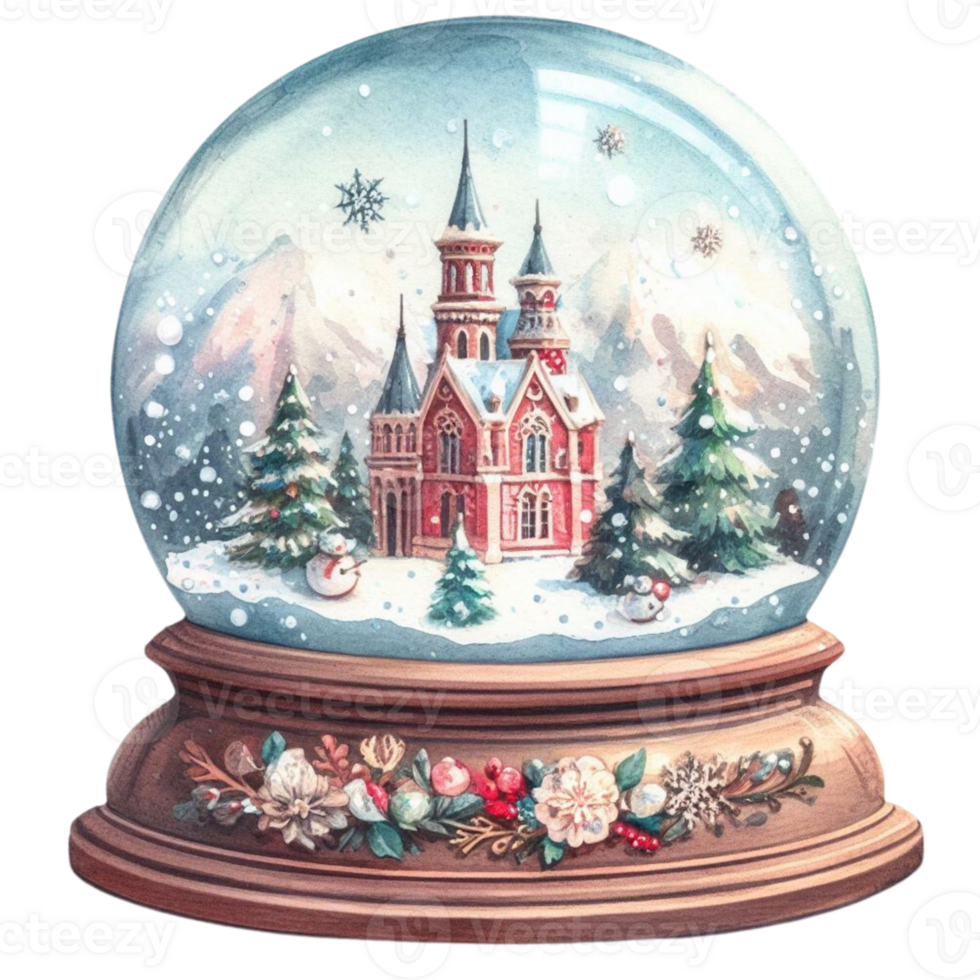 AI Generative, Snow globe with Christmas trees and snowflakes. png