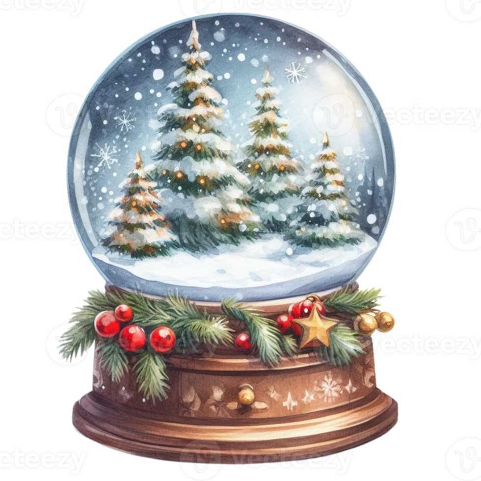 AI Generative, Snow globe with Christmas trees and snowflakes. png