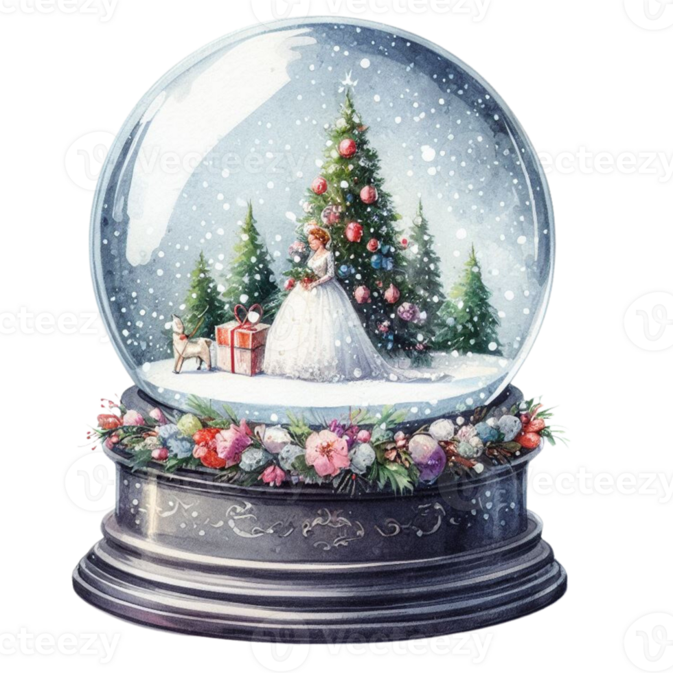 AI Generative, Snow globe with Christmas trees and snowflakes. png
