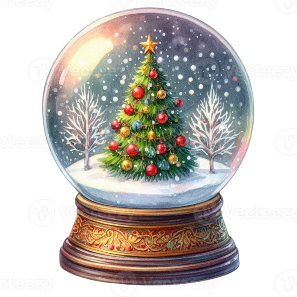 AI Generative, Snow globe with Christmas trees and snowflakes. png