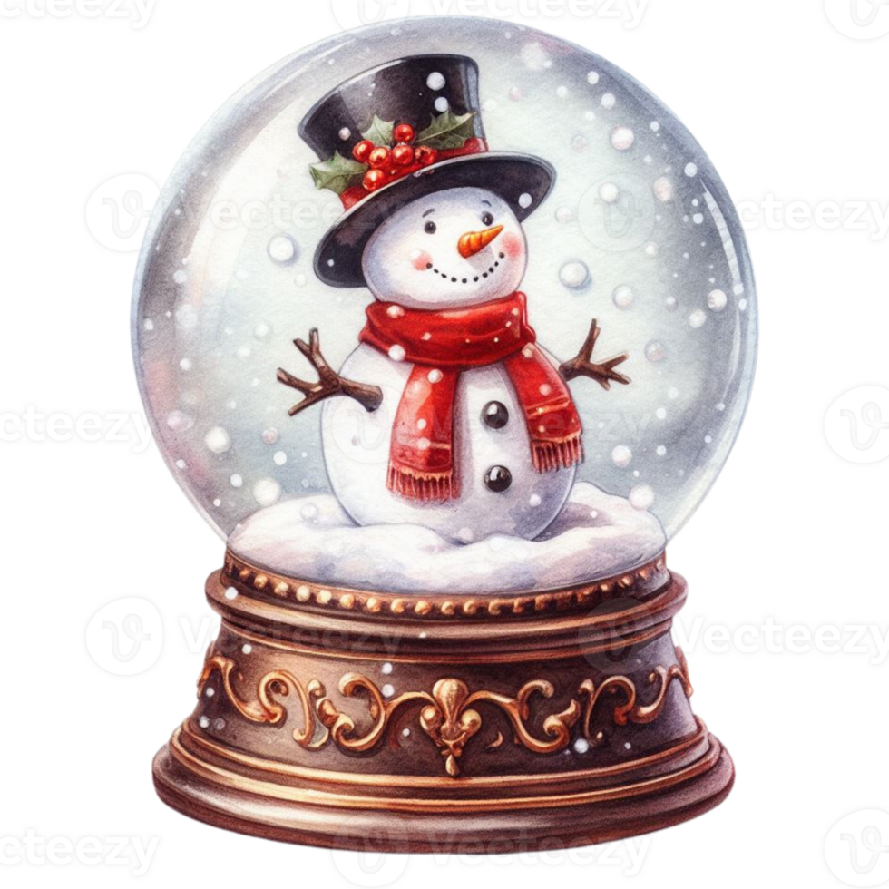 AI Generative, Watercolor  Snow globe with a snowman. png