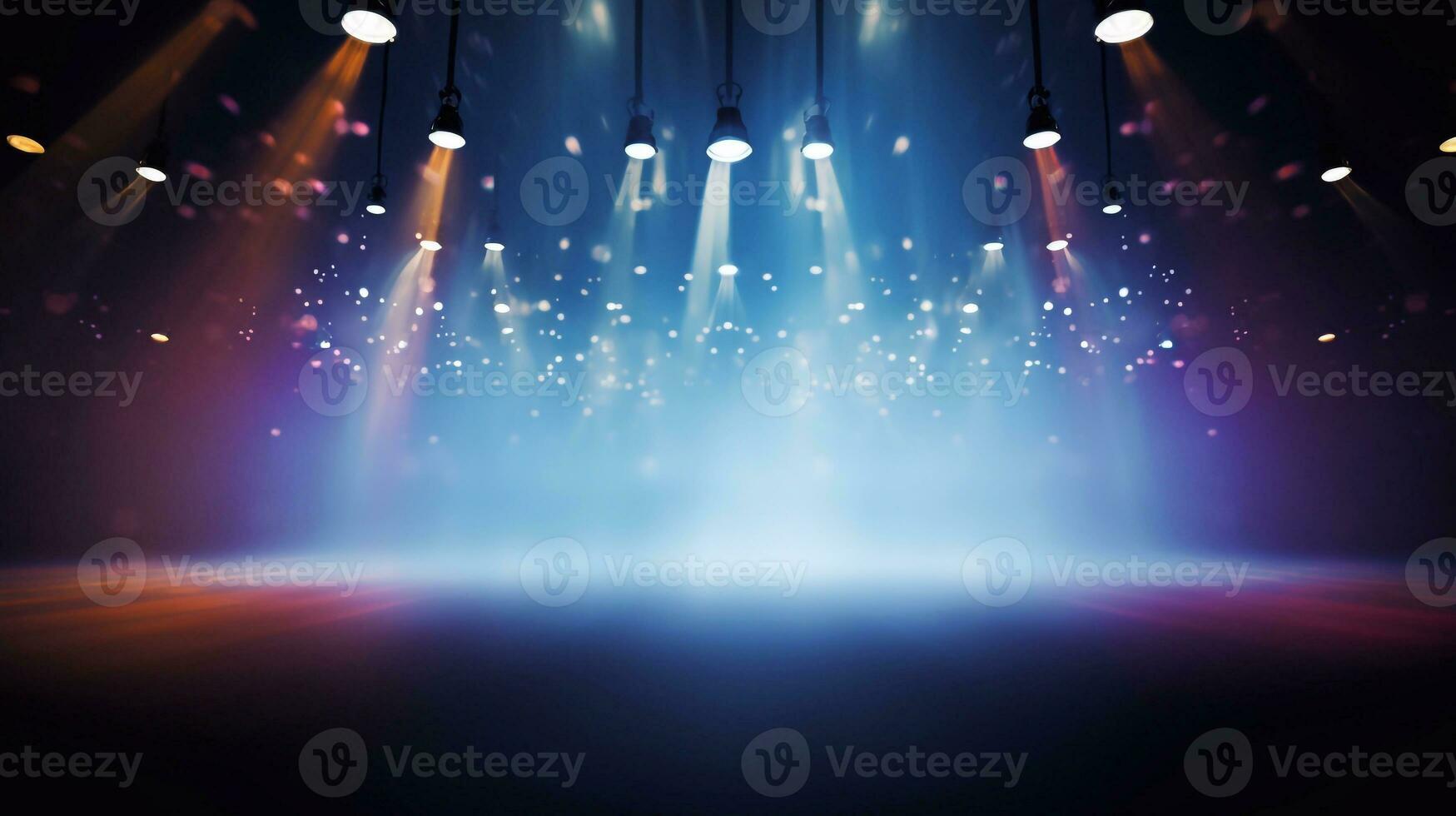 A photo of Stage with red carpet and spotlights, Stage Podium Scene, Stage Background Spotlights illuminate the stage Lighting equipment Stage Spotlight background Generative AI