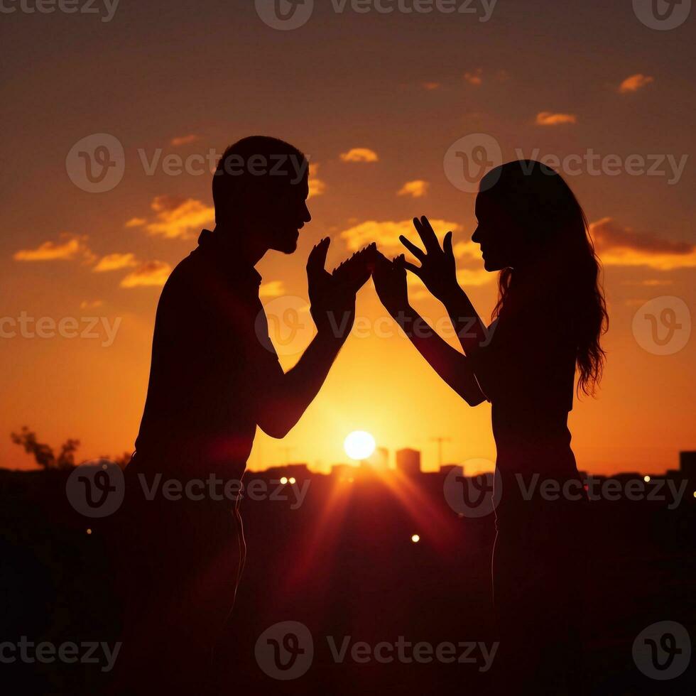 A image of Silhouette of girl and boy on the background of the sunset couple concept Generative AI photo