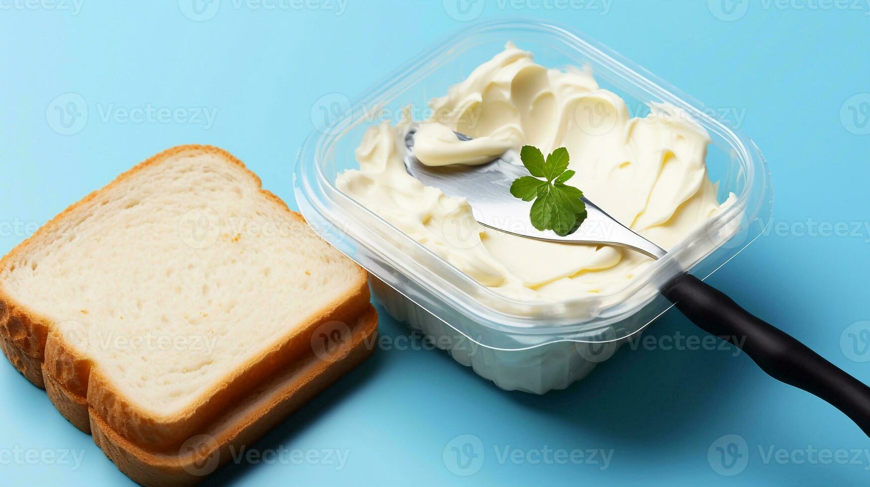 A image of Butter in a plastic container on a blue background with bread. Generative AI photo