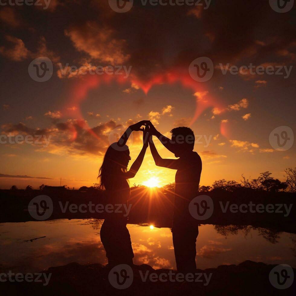 Silhouette of husband and wife in the shape of a heart on the background of the sunset couple concept Generative AI photo