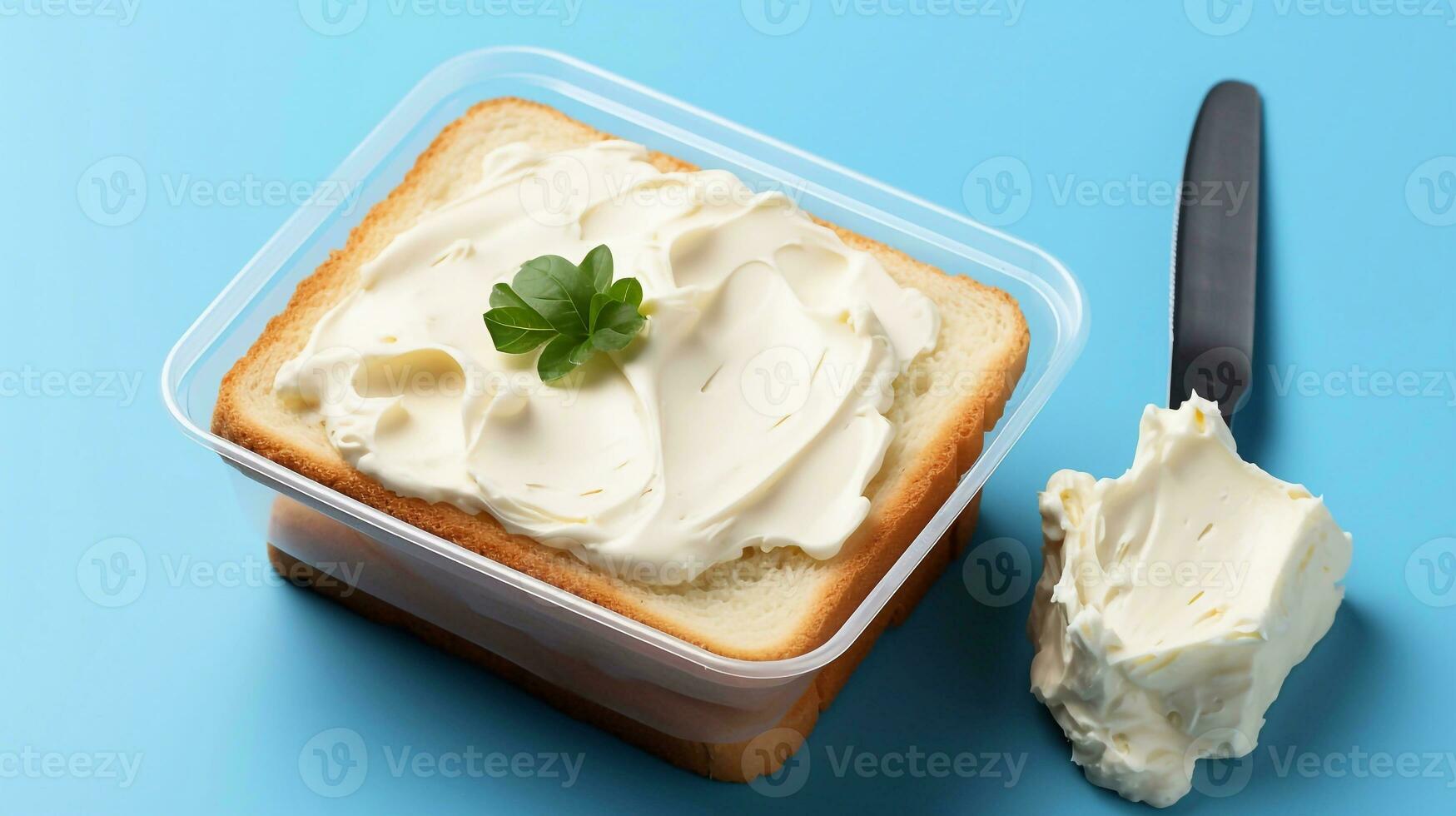 A picture of Butter in a plastic container on a blue background with bread. Generative AI photo