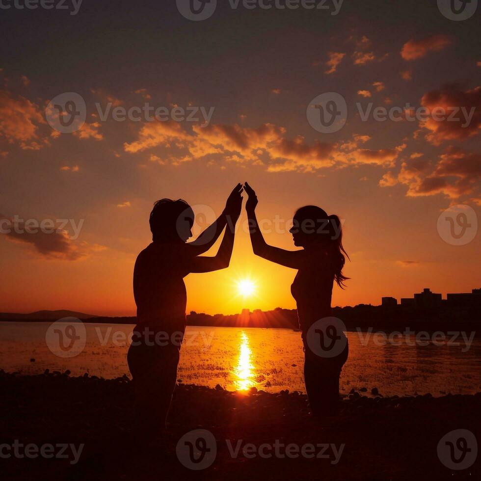 silueta de niña y chico en el antecedentes de el puesta de sol Pareja concepto generativo ai foto