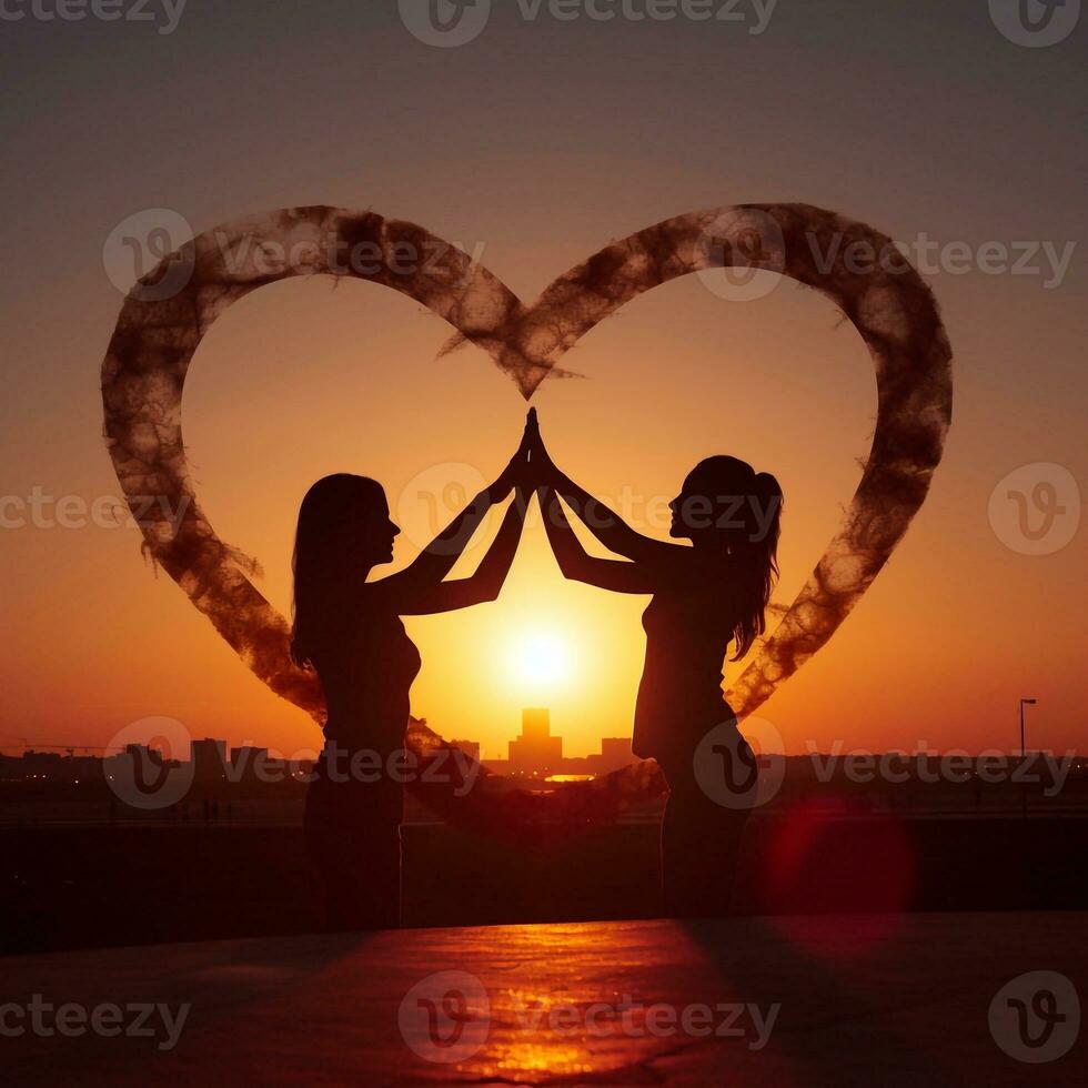 Silhouette of two girls in the shape of a heart on the background of the sunset Generative AI photo