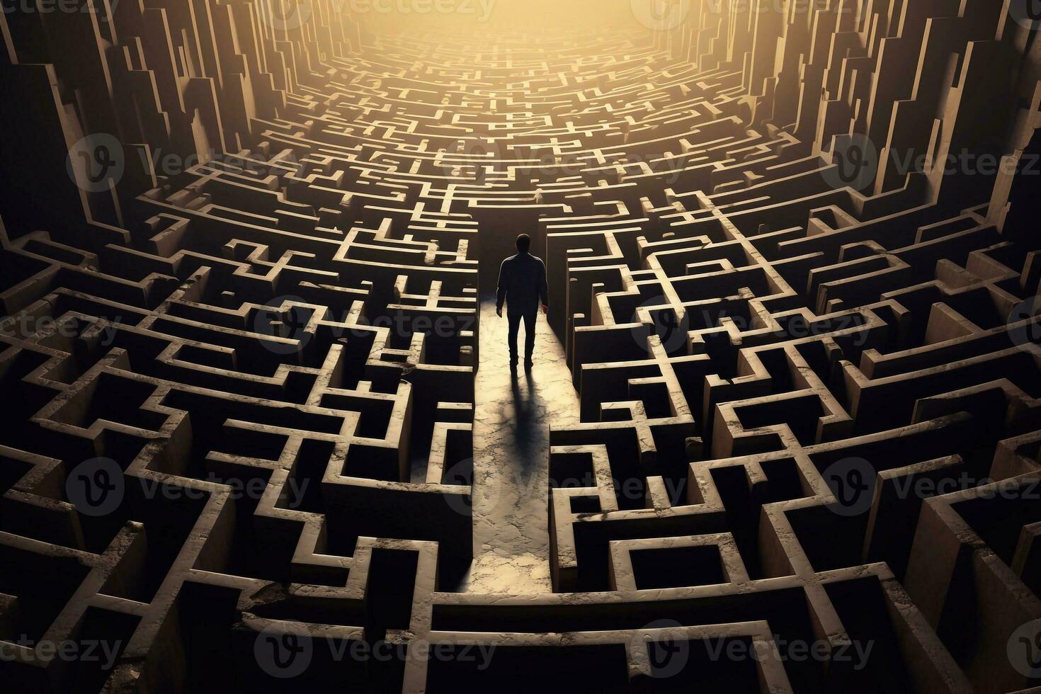 A picture of Businessman standing in the middle of a maze and looking at the exit game concept Generative AI photo