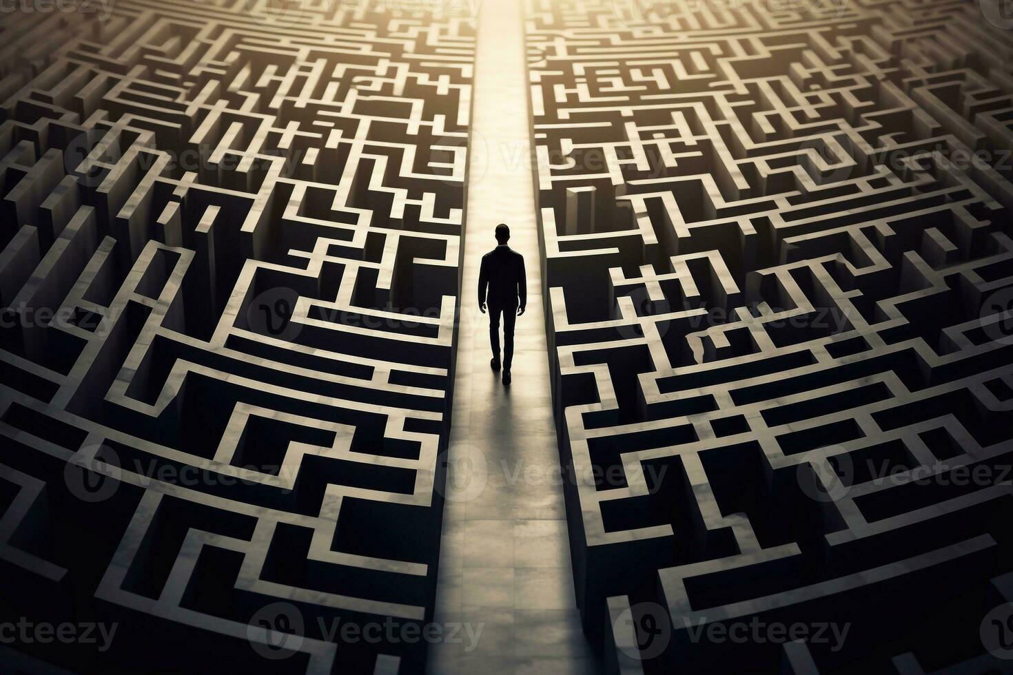 A photo of Businessman standing in the middle of a maze and looking at the exit game concept Generative AI