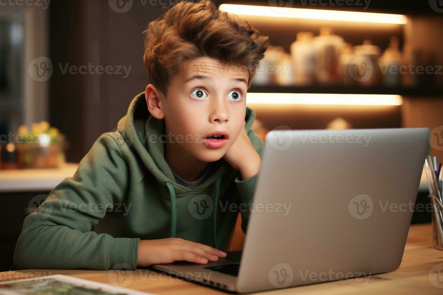 A image of Surprised boy looking at laptop screen while sitting at table in office Generative AI photo