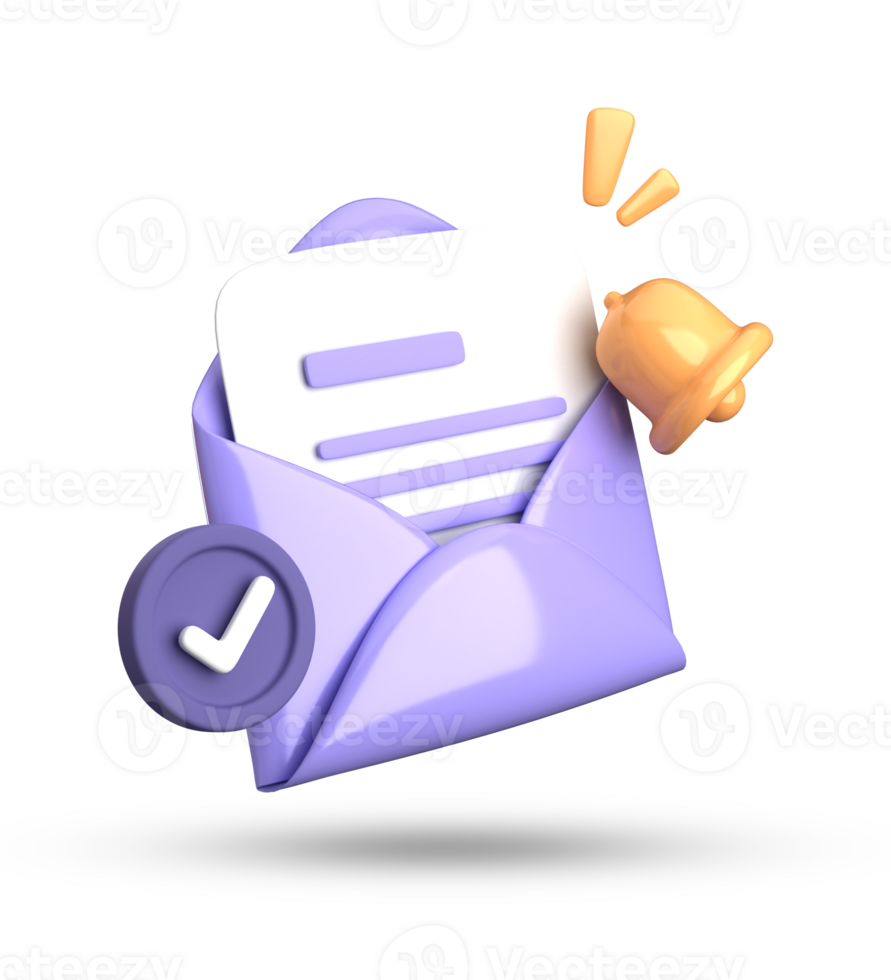 3d rendering of envelope with a bell and a check mark png