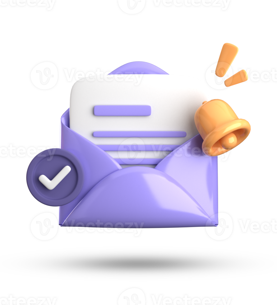 3d rendering of envelope with a bell and a check mark png