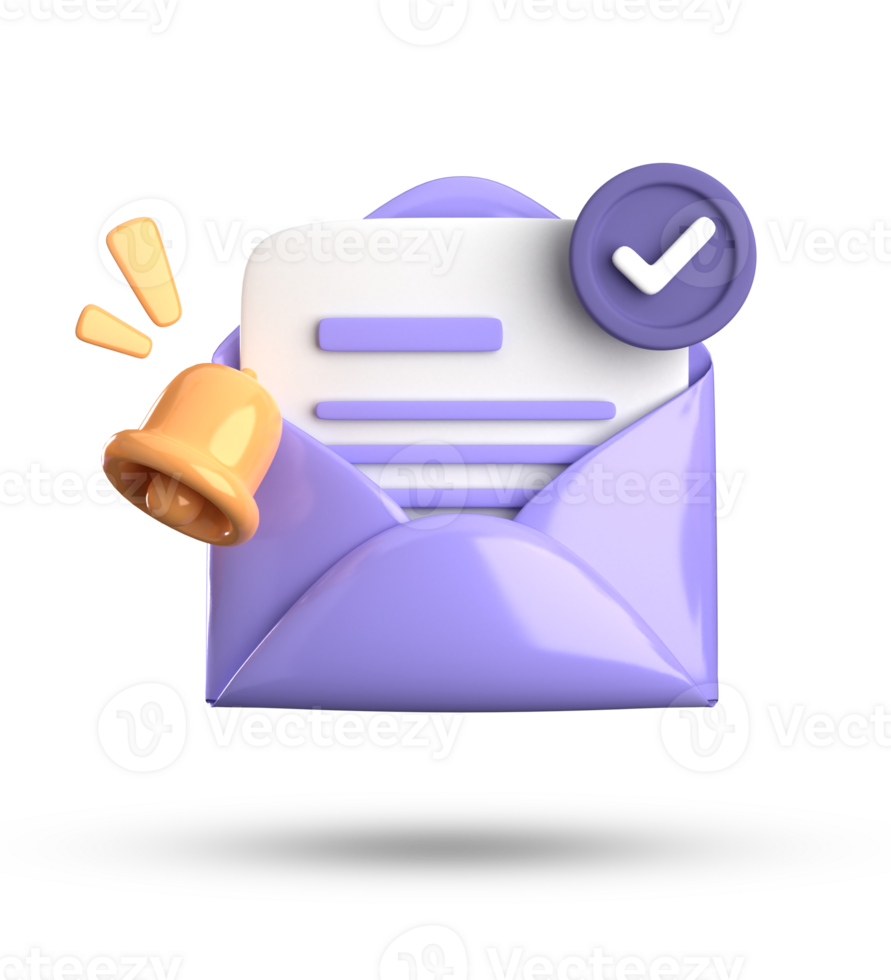 3d rendering of envelope with a bell and a check mark png