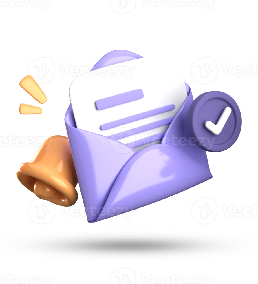 3d rendering of envelope with a bell and a check mark png