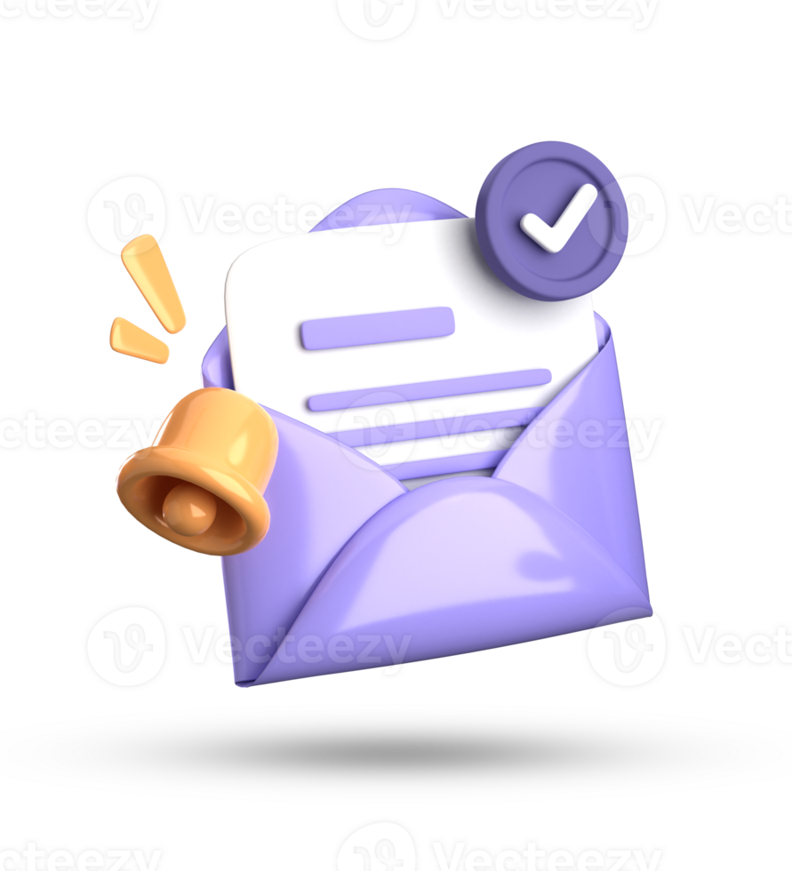3d rendering of envelope with a bell and a check mark png