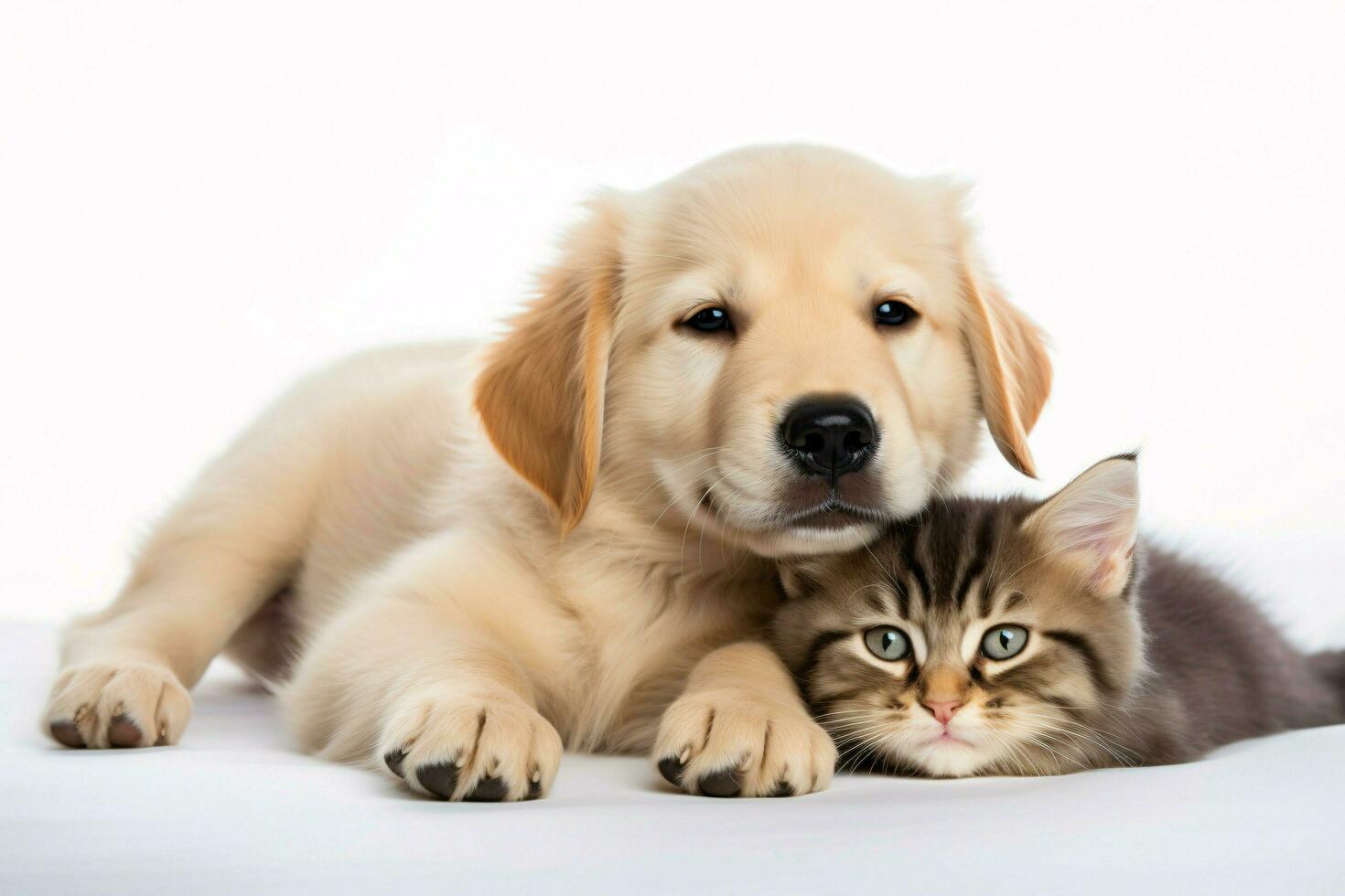 foto perro y gato en un llanura blanco antecedentes. ai generado