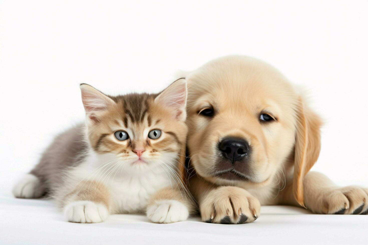 foto perro y gato en un llanura blanco antecedentes. ai generado